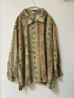 AGASA 総柄 長袖シャツ グリーン系 ゆったり ミセス