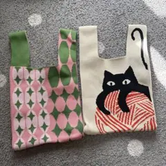 猫デザインと幾何学模様のハンドバッグセット