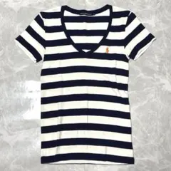 ラルフローレンスポーツ 半袖VネックTシャツ ボーダー ネイビー×白 L