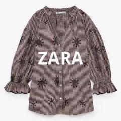 【美品】ZARA 刺繍チェック柄ブラウス
