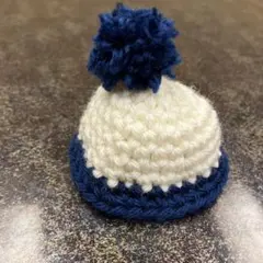 ポンポン付き編み帽子 ホワイト ネイビー（オーナメントやお人形に）