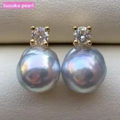 本真珠　あこや真珠ピアス　無調色ブルーP946