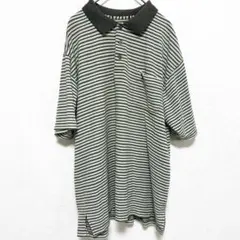 美品 ボーダー ポロシャツ【L】ゆるだぼ 古着 ワンポイント 刺繍 カーキ系