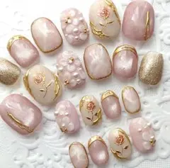 ネイルチップ 3Dフラワー/薔薇/大理石/マグネット/卒業式 フルサイズb938