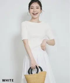 【BASEMENT】 ボートネック半袖リブニット　ホワイト