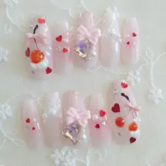 現品❤量産型 ぷっくりさくらんぼ 斜めチェック キラキラチーク ネイルチップ