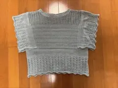 ブルーグレー レース編み 半袖ニット