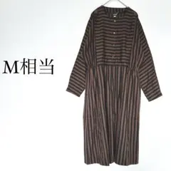 ヴィンテージ風 ストライプ ワンピース ロング 茶黒 日本製 M ウエスト切替