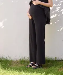 マタニティ リブ ストレート パンツ L ブラック