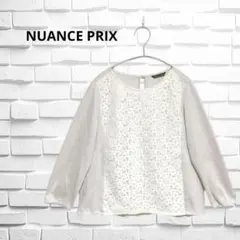 ニュアンスプリ　レース切り替えカットソー　七分袖　花柄刺繍　大人可愛い