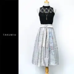 着物リメイク 紬 パッチワーク ギャザースカート 白ピンク青 花柄