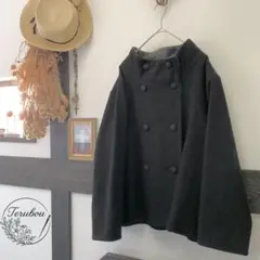 ハンドメイド　リネン　ウール　スタンドカラーコート　ダブルボタン　ショート丈　黒