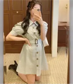 ウエストベルト付きフロントボタンシャツワンピース
