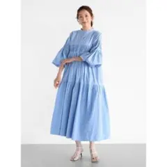 極美品 24SS エアリージャカード シャーリングフレアスリーブブラウス 