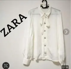 ZARA リボン付きホワイトシャツ シフォンリボンシャツ パールボタン