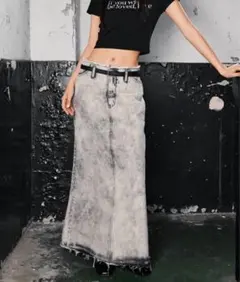 ACRENTグレー ダメージ加工 デニムロングスカート