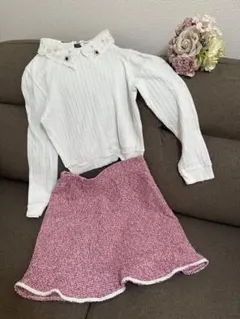上下セット　ビジュー付きスカラップ襟　トップス　ピンクツイード　スカート