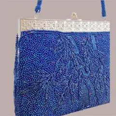 美品 ビーズ刺繍 ハンドバッグ　和装　パーティー鞄　レトロ　藍色