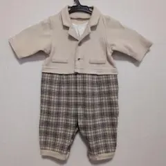 COMME CA ISM 半袖ロンパース ベージュ チェック柄