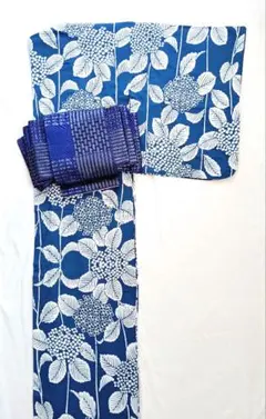 大人の女浴衣紫陽花柄青紺色花模様浴衣ブルーネイビー女着物注染ホワイト青地女性和装