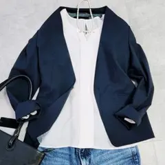 グリーンレーベルリラクシング ノーカラー ジャケット ネイビー 紺 36 M