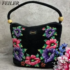 ✨良品✨ フェイラー アクセサリーポーチ 花柄 ゴールド金具 ブラック 黒色