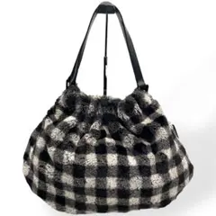 美品　agnes b. ギンガムチェック　ハンドバッグ　ファーバッグ　牛革レザー