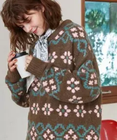 MONO-MART LADY'S 花柄ジャガードニットプルオーバー/ブラウン