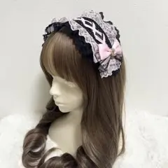 ✦·.⋆ ピンク 黒 ヘッドドレス レースアップ リボン⋆.·✦