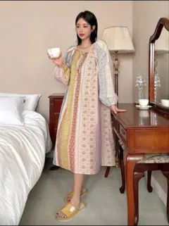 カラフルストライプバルーンスリーブワンピース