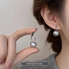 N009一粒グレー12mmパールイヤリング　通勤　上品　結婚式　韓国　フォーマル
