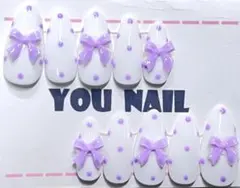 【現品サイズ】ネイルチップ フレンチガーリーネイル ドット柄 韓国風 リボン