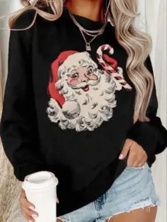 SHEIN クリスマスサンタクロース柄 ラウンドネックスウェットシャツ 黒