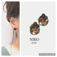 【524】クローバーべっ甲ゴールドプレートピアスイヤリング