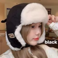 韓国風フェイクファー パイロットキャップ もこもこ耳当て付き 帽子 ブラック