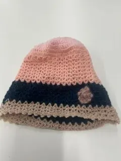 ハンドメイド かぎ針編み ニット帽 ピンク×ネイビー 花付き