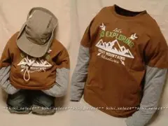 385◆新品【140cm】ブラウン/アメカジプリント長袖Tシャツ◆