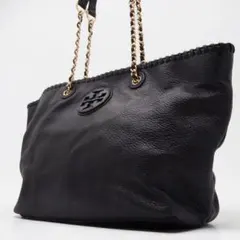 未使用級 TORY BURCH トートバッグ チェーン レザー ブラック シボ革