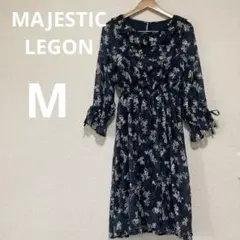 MAJESTIC LEGON フラワードビー長袖ワンピース M ネイビー 透け感
