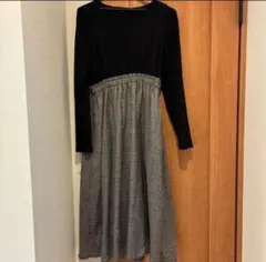 マタニティ 授乳服 切り替え ドッキングワンピース チェック柄 長袖 グレー