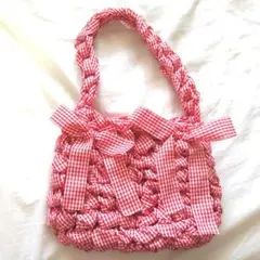 リボンバッグ　ハンドメイド　編み物　チェック　韓国