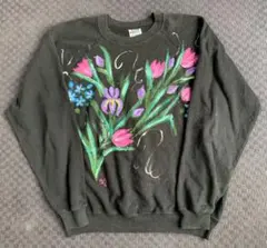 80s“Hanes” スウェット ヴィンスウェ アート系 花柄 墨黒 XL