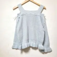 トッコクローゼット　リボン装飾　オフショルフリルニット　ミント