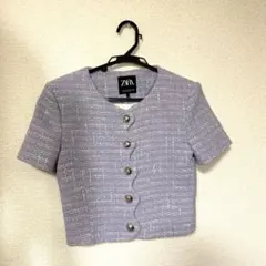 ZARA ザラ ツイードジャケット パープル系 ショート丈 ボタン xs