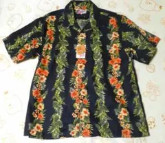 セールToon 麻混合アロハシャツ 半袖 花柄 黒　硬め生地　黒　L　新品