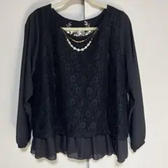大きいサイズ ブラック レース シフォン トップス LL