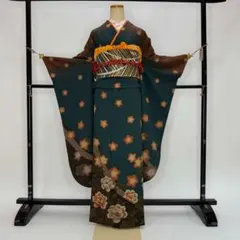 振袖フルセット 深緑色 茶色 成人式 草履バック付 裄65.3cm S-223