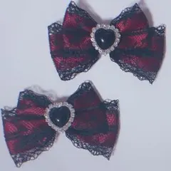 レースリボンヘアクリップ 赤 量産型地雷系ハンドメイド推し活ヘアメ病みかわいい