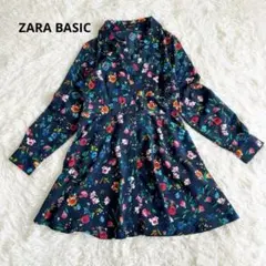 ZARA BASIC 花柄 シャツワンピース ネイビー フレア 長袖 モロッコ製のサムネイル