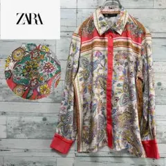 ☆美品☆ZARA ザラ　サテン長袖シャツブラウス　装飾金ボタン　ペイズリー総柄